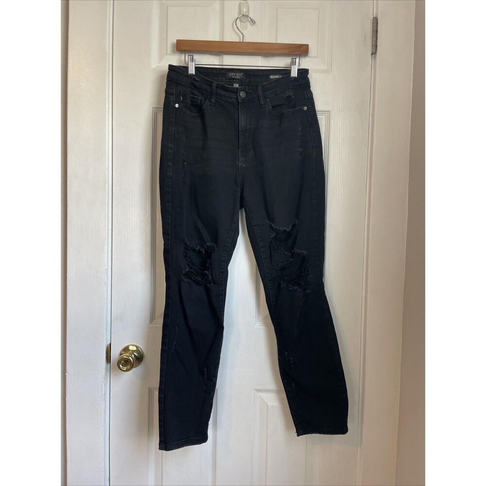 Judy Blue Jeans Womens Size 11/30 Black Distressed Ankle Stretch Boyfriend Fit